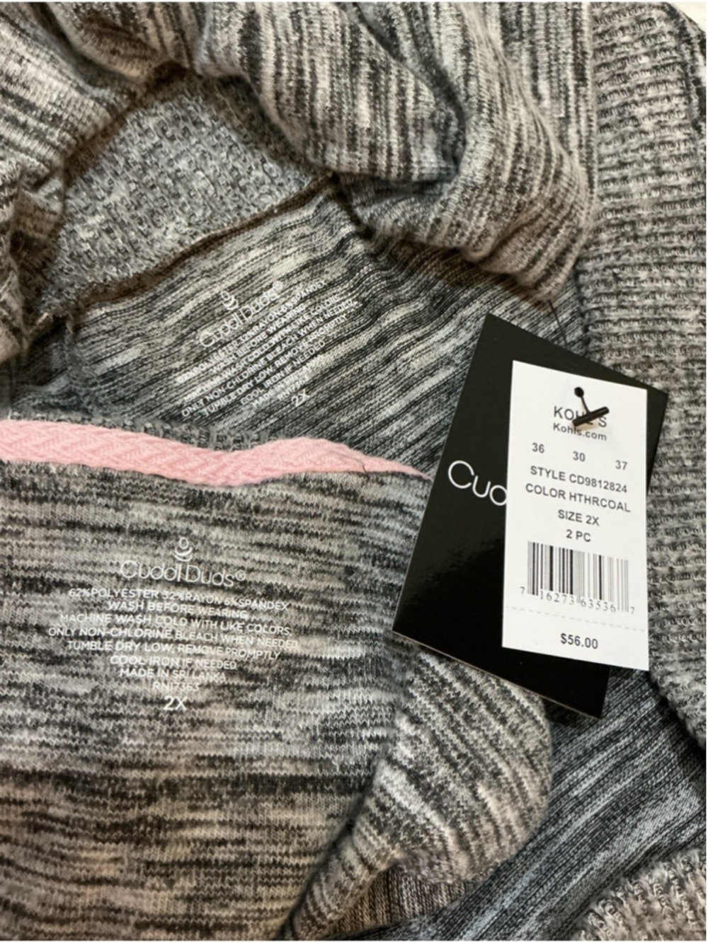Cuddl Duds Lounge Set 2PC Gray Space Dye Pajama Set Size 2X NWT Cozy Soft - Picture 6 of 14